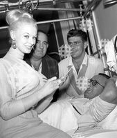 September 15, 1959. Brisbane, QLD. Movie actress Sabrina visiting Greenslopes Hospital signing autographs for several patients